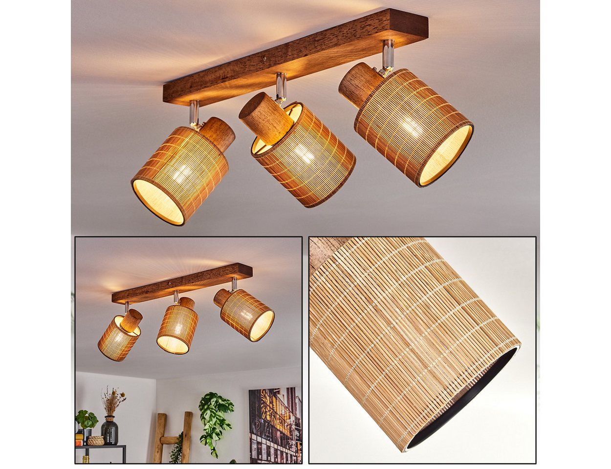 hofstein Deckenleuchte Deckenlampe aus Holz/Metall/Bambus in Dunkelbraun/Chromfarben/Natur, ohne Leuchtmittel, mit verstellbaren Strahlern, 3 x E14, ohne Leuchtmittel Bild 5