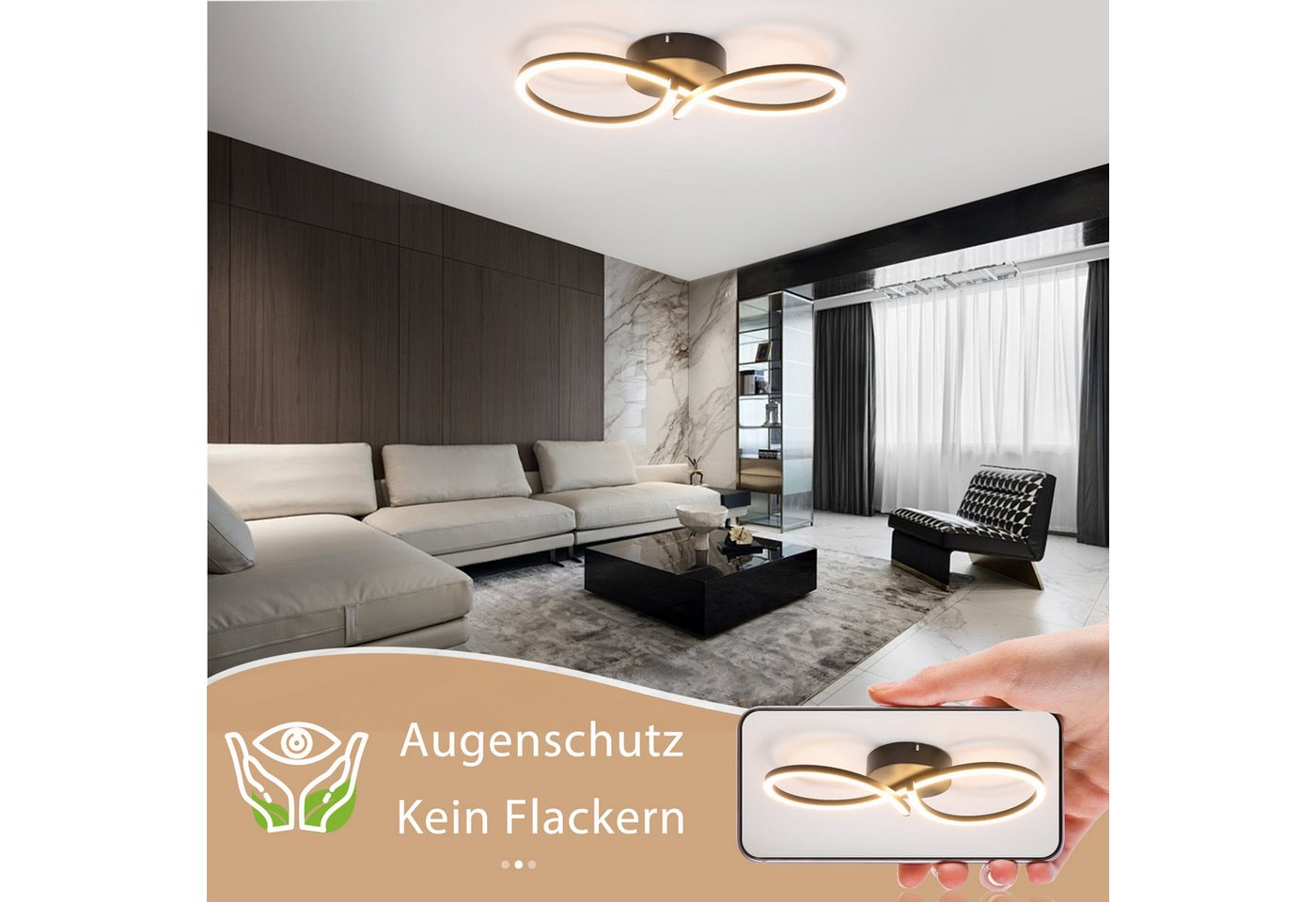 ZMH LED Deckenleuchte Innen 8-förmiges Design, 3000 K, LED fest integriert, Warmweiß, für Wohnzimmer Schlafzimmer Küche Flur Bild 3