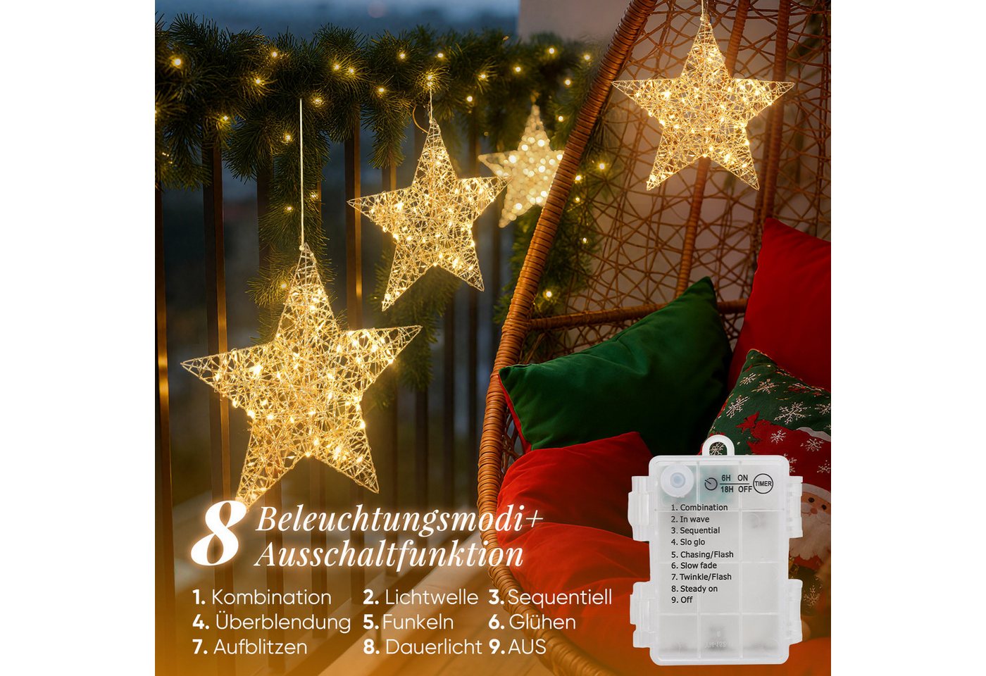 Salcar LED-Lichterkette LED Stern Dekoleuchte Warmweiß Ø30cm, Gold 80 LEDs, Batteriebetrieb, Mit Timer, 8 Lichtmodi & Roségold-Lametta – Weihnachten Beleuchtung