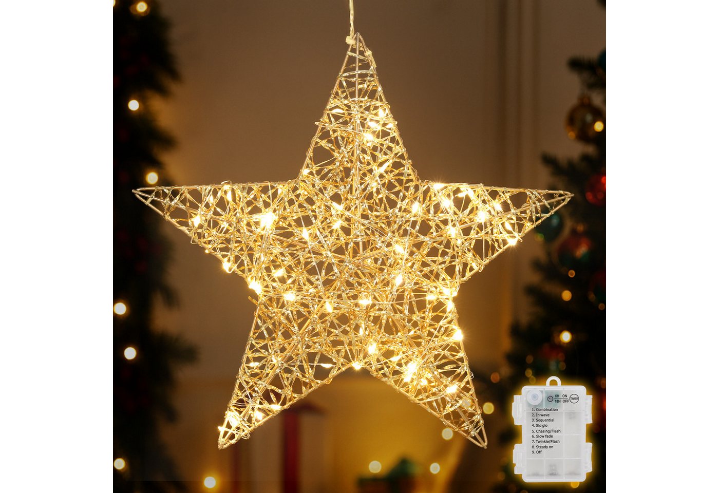Salcar LED-Lichterkette LED Stern Dekoleuchte Warmweiß Ø30cm, Gold 80 LEDs, Batteriebetrieb, Mit Timer, 8 Lichtmodi & Roségold-Lametta – Weihnachten Beleuchtung Bild 2