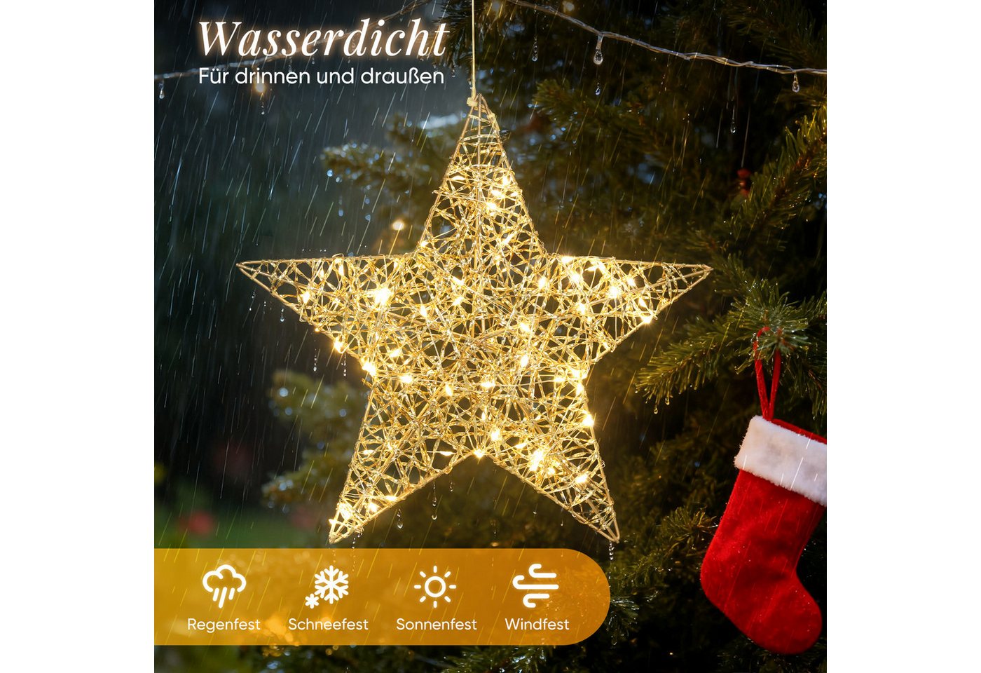 Salcar LED-Lichterkette LED Stern Dekoleuchte Warmweiß Ø30cm, Gold 80 LEDs, Batteriebetrieb, Mit Timer, 8 Lichtmodi & Roségold-Lametta – Weihnachten Beleuchtung Bild 3