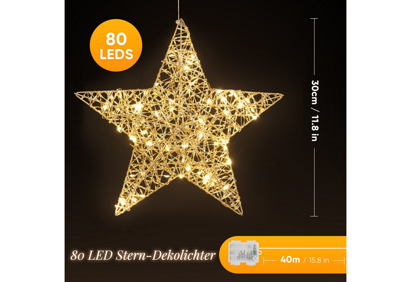 Salcar LED-Lichterkette LED Stern Dekoleuchte Warmweiß Ø30cm, Gold 80 LEDs, Batteriebetrieb, Mit Timer, 8 Lichtmodi & Roségold-Lametta – Weihnachten Beleuchtung Bild 4