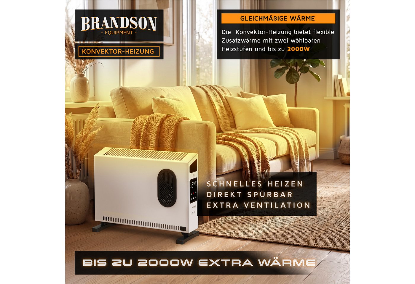Brandson Elektro-Heizkörper Heizpanel Konvektor 2000 W, Gebläse, Thermostat, Timer, Fernbedienung, 2 Heizstufen, ECO-Modus, LED-Display, Kindersicherung, Kippschutz