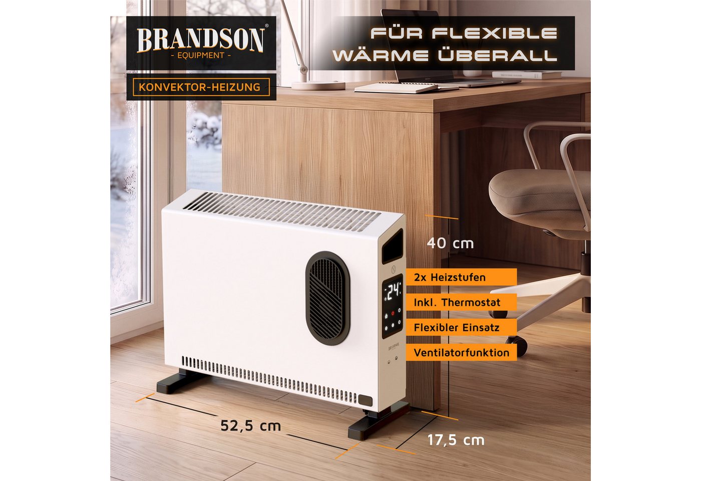 Brandson Elektro-Heizkörper Heizpanel Konvektor 2000 W, Gebläse, Thermostat, Timer, Fernbedienung, 2 Heizstufen, ECO-Modus, LED-Display, Kindersicherung, Kippschutz Bild 2