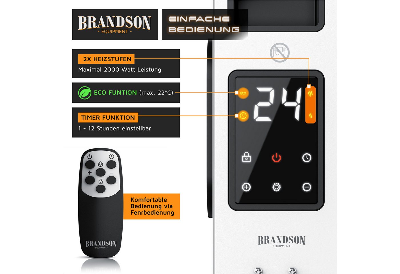 Brandson Elektro-Heizkörper Heizpanel Konvektor 2000 W, Gebläse, Thermostat, Timer, Fernbedienung, 2 Heizstufen, ECO-Modus, LED-Display, Kindersicherung, Kippschutz Bild 3
