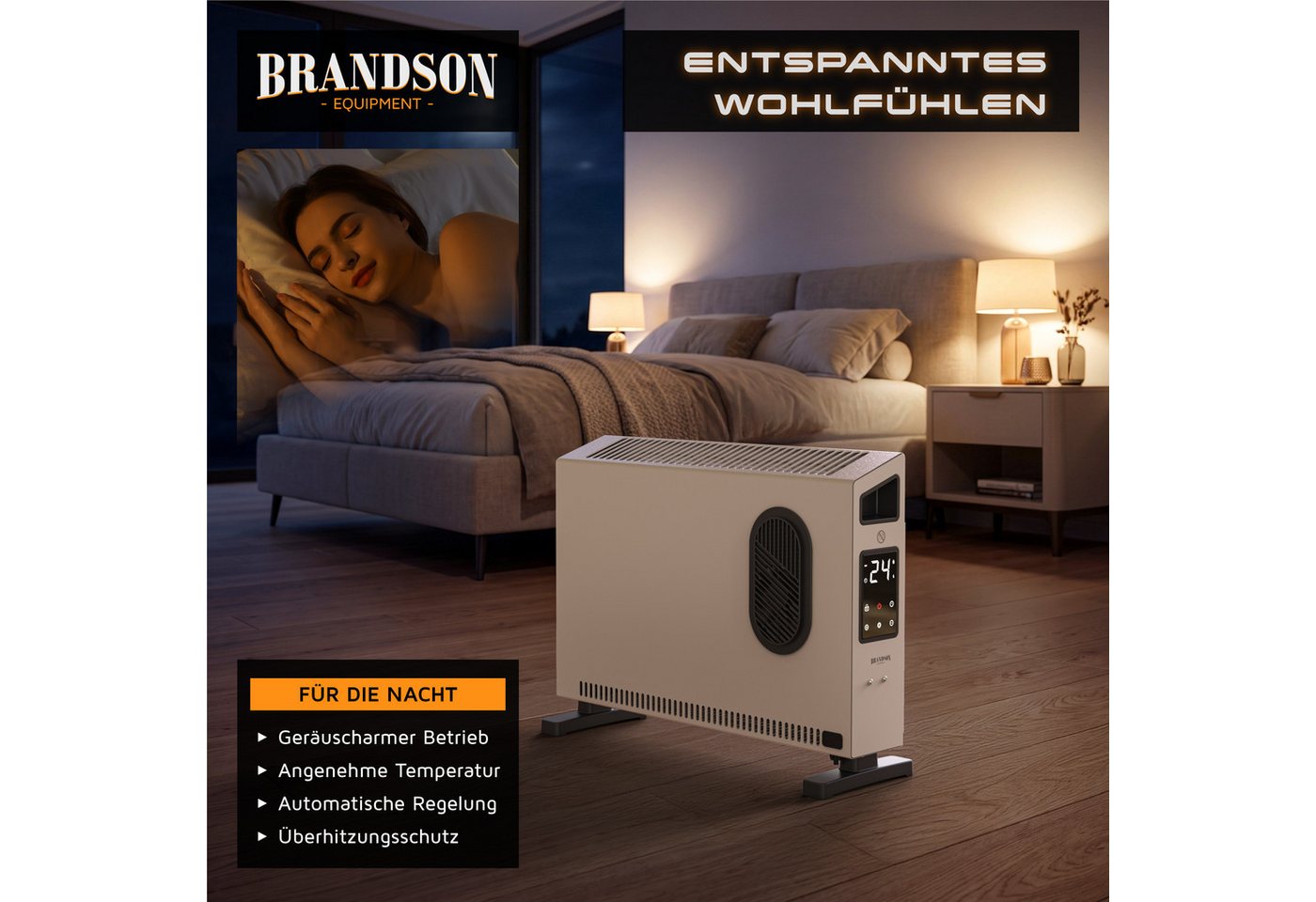Brandson Elektro-Heizkörper Heizpanel Konvektor 2000 W, Gebläse, Thermostat, Timer, Fernbedienung, 2 Heizstufen, ECO-Modus, LED-Display, Kindersicherung, Kippschutz Bild 4