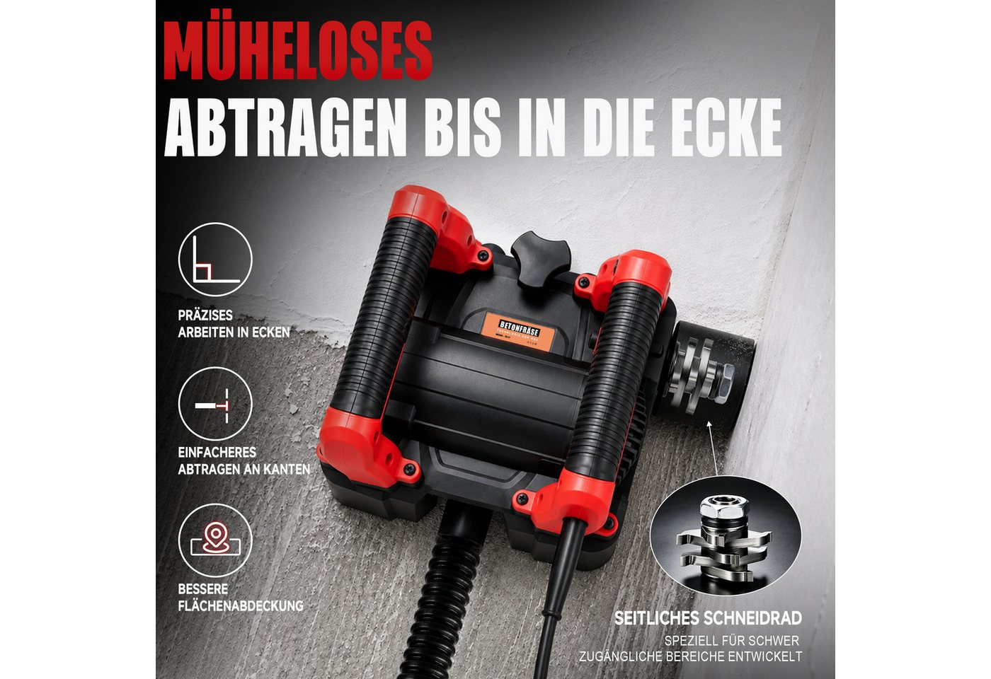 XIIW Winkelschleifer Betonfräse 1-4mm Hobeltiefe, 1600W Walzenfräse Putzfräse Mauerfräse, max. 4000 U/min, (Sanierungsfräse Betonschleifer Walzen Schleifer Fräsmaschine), für Wand Concrete Gips Putz Mörtel zum Kalkwasser Altanstriche Bild 3