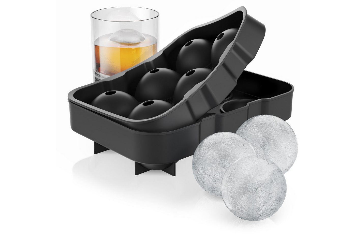 Arendo Eiswürfelform Eiswürfelform 6x 46 ml Kugeln, mit Trichter & Deckel, Silikon, (1-tlg), Silikon zum leichten Herauslösen, spülmaschinengeeignet