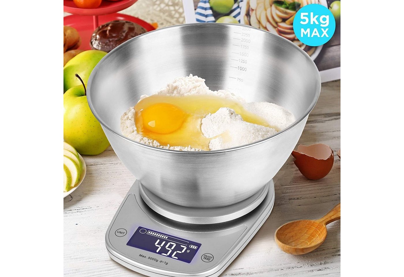 Duronic Küchenwaage, KS5000 SR/SS Küchenwaage, 5 kg Digitalwaage oval mit 2,5 L Schüssel Bild 2