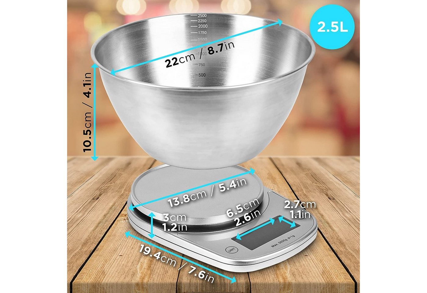 Duronic Küchenwaage, KS5000 SR/SS Küchenwaage, 5 kg Digitalwaage oval mit 2,5 L Schüssel Bild 5