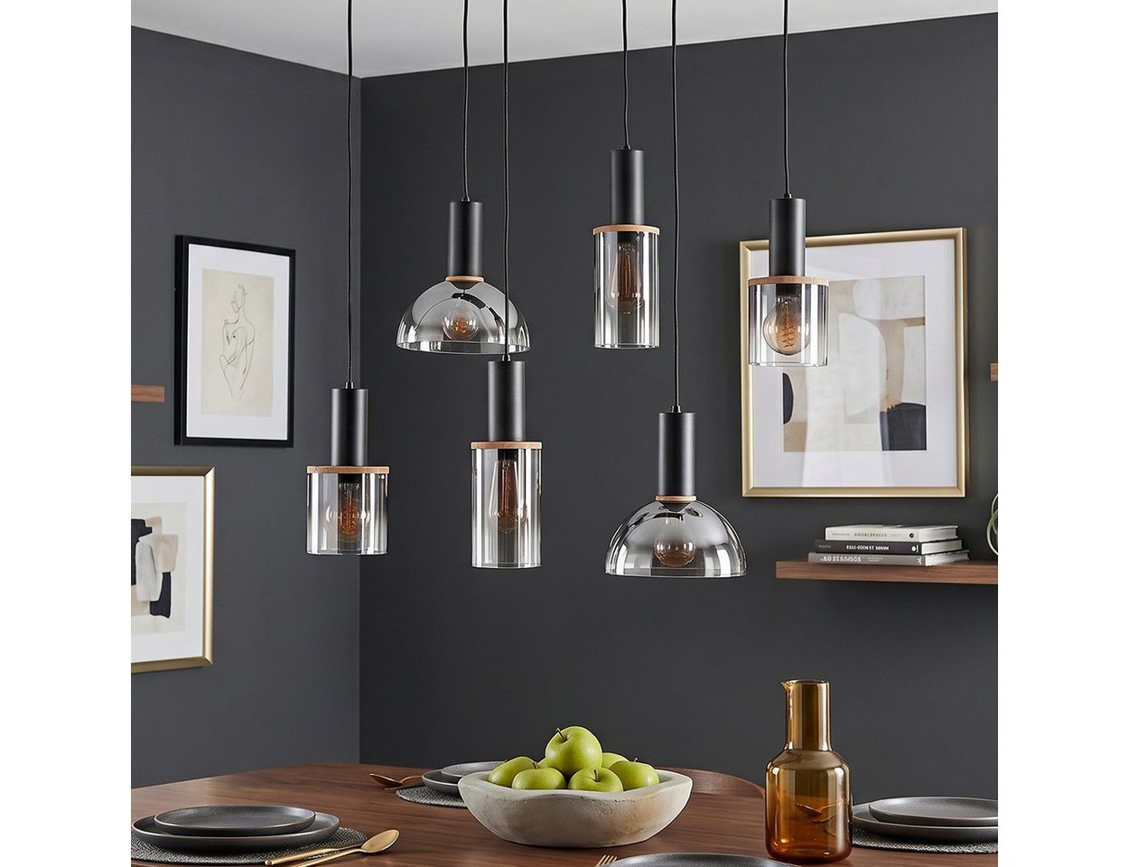 hofstein Hängeleuchte Hängelampe aus Metall/Glas in Schwarz/Rauchfarben/Holzoptik, ohne Leuchtmittel, Pendelleuchte mit Schrimen aus Glas, 6 x E27, ohne Leuchtmittel