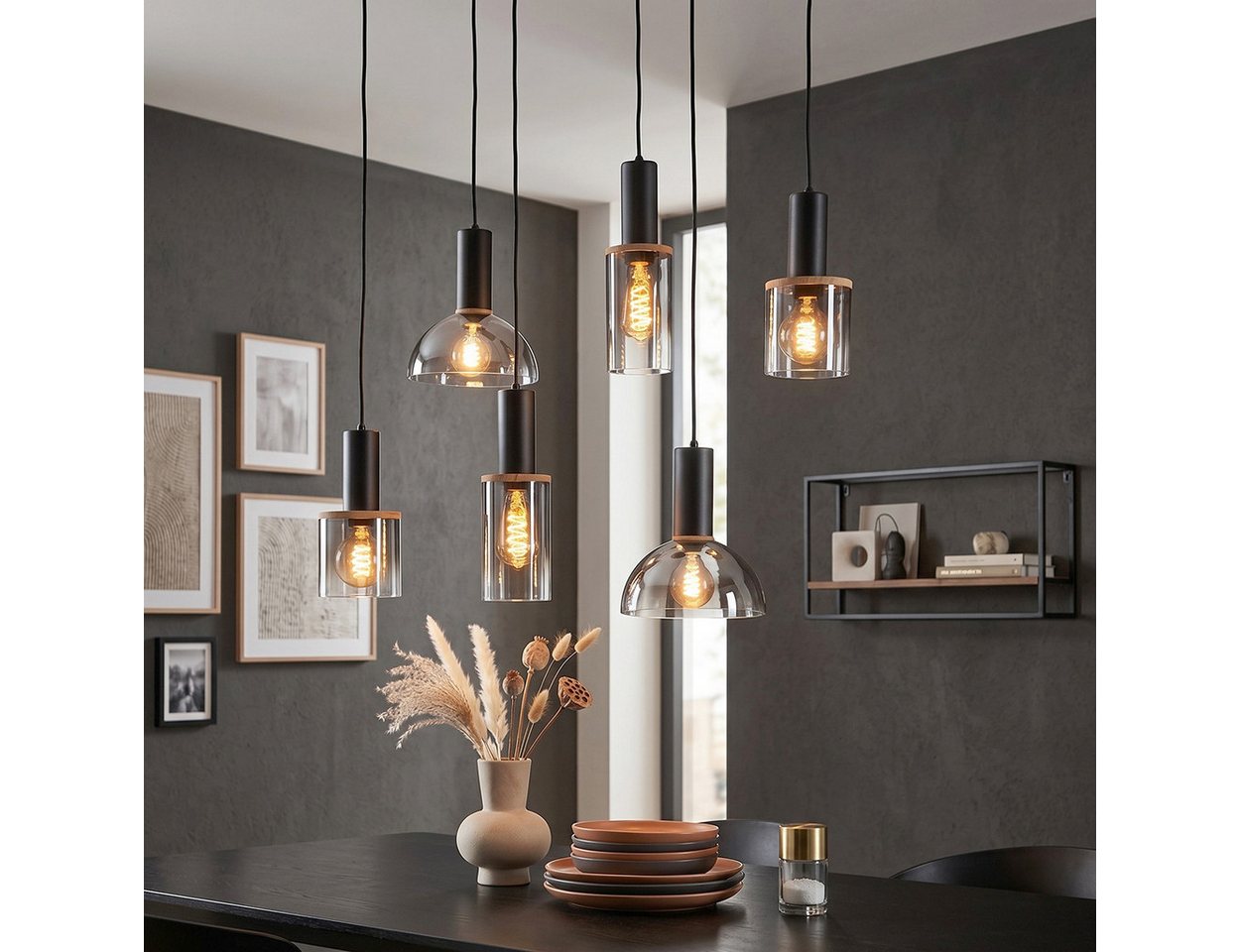 hofstein Hängeleuchte Hängelampe aus Metall/Glas in Schwarz/Rauchfarben/Holzoptik, ohne Leuchtmittel, Pendelleuchte mit Schrimen aus Glas, 6 x E27, ohne Leuchtmittel Bild 3