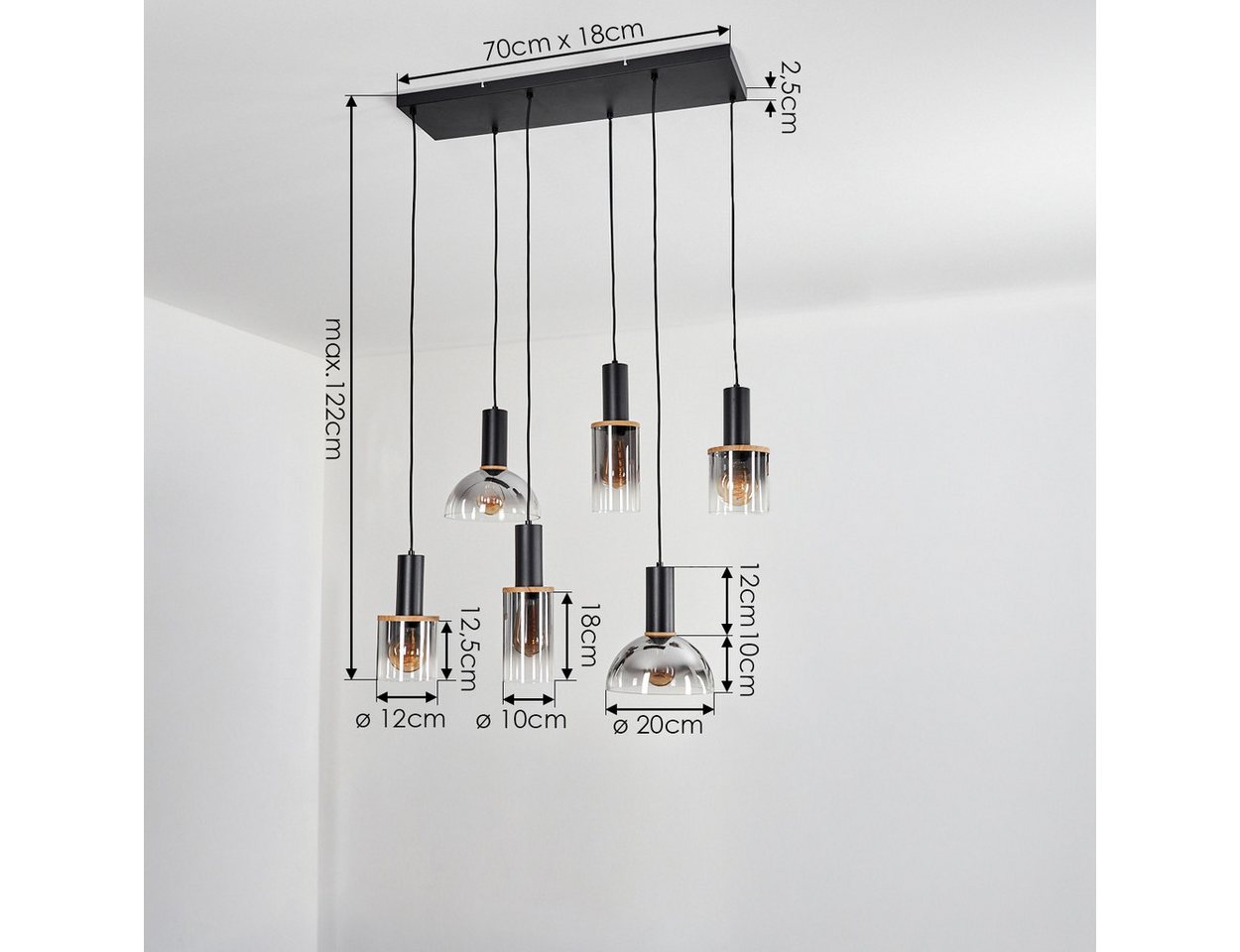 hofstein Hängeleuchte Hängelampe aus Metall/Glas in Schwarz/Rauchfarben/Holzoptik, ohne Leuchtmittel, Pendelleuchte mit Schrimen aus Glas, 6 x E27, ohne Leuchtmittel Bild 4