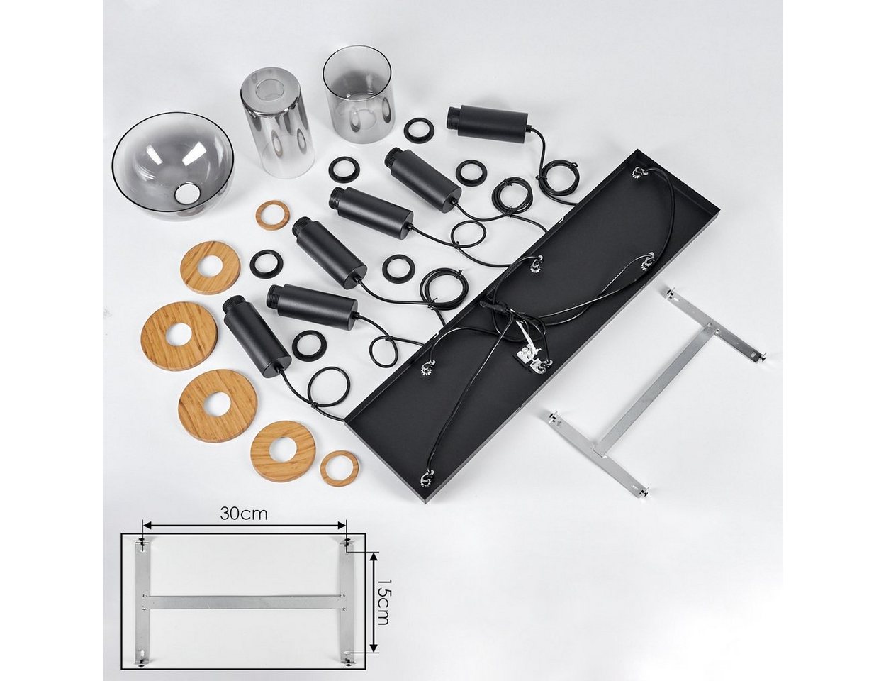 hofstein Hängeleuchte Hängelampe aus Metall/Glas in Schwarz/Rauchfarben/Holzoptik, ohne Leuchtmittel, Pendelleuchte mit Schrimen aus Glas, 6 x E27, ohne Leuchtmittel Bild 5