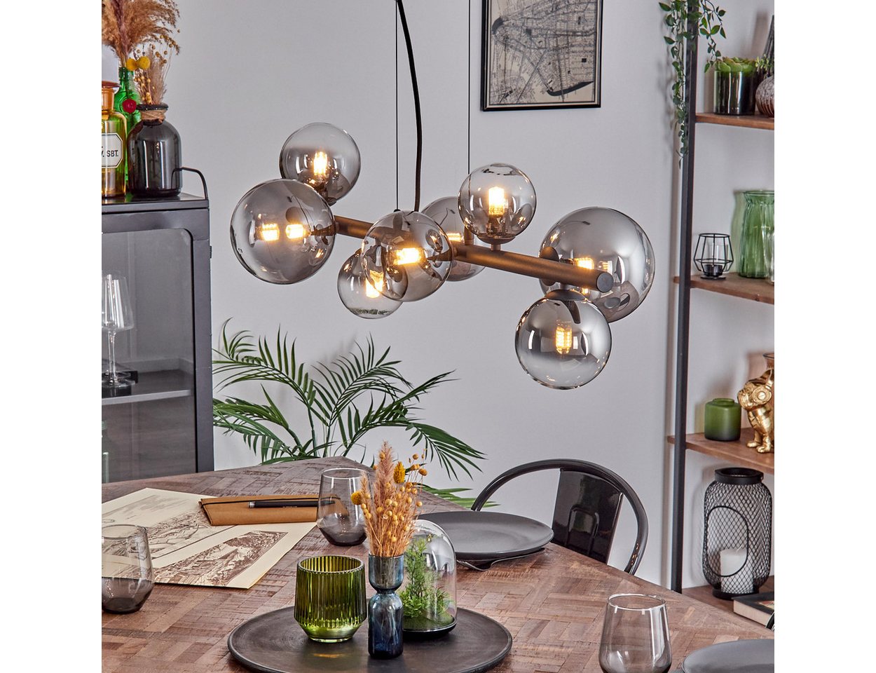 hofstein Pendelleuchte Hängelampe aus Metall/Glas in Schwarz/Rauchfarben/Klar, ohne Leuchtmittel, Hängeleuchte im Retro/Vintage-Design mit Glasschirmen, 8 x G9