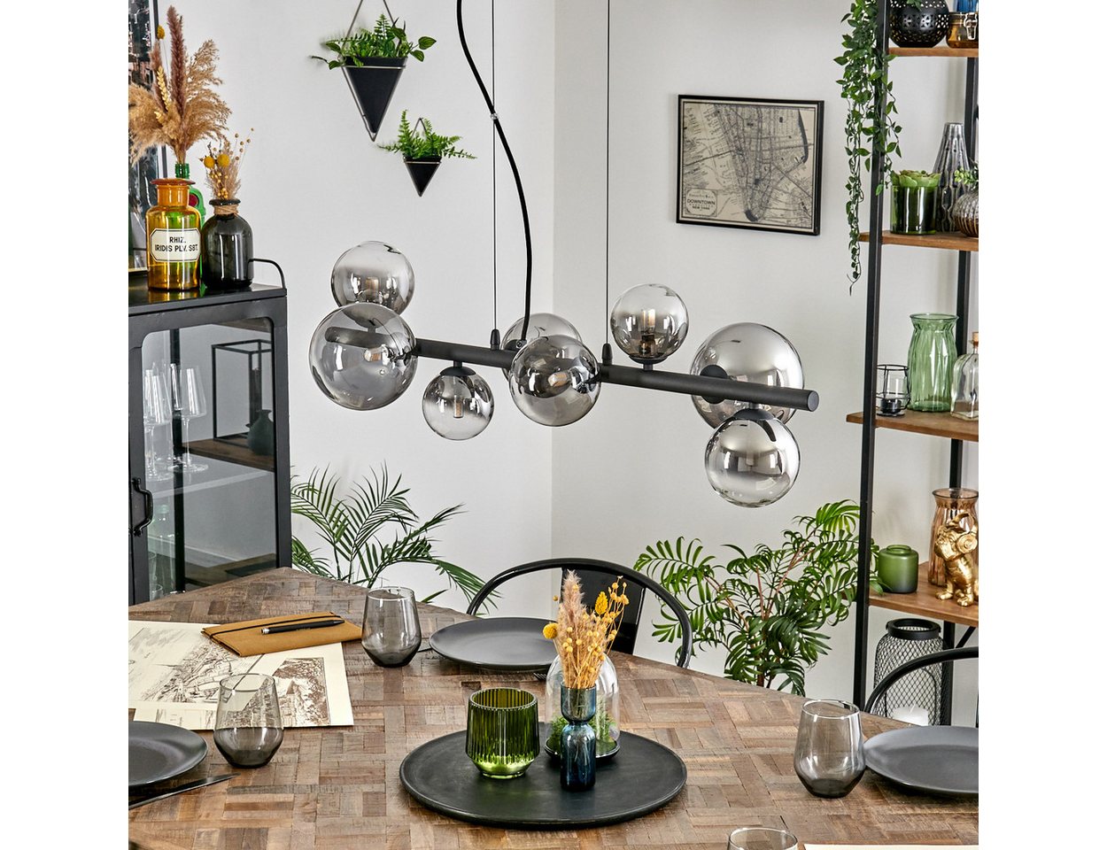 hofstein Pendelleuchte Hängelampe aus Metall/Glas in Schwarz/Rauchfarben/Klar, ohne Leuchtmittel, Hängeleuchte im Retro/Vintage-Design mit Glasschirmen, 8 x G9 Bild 2