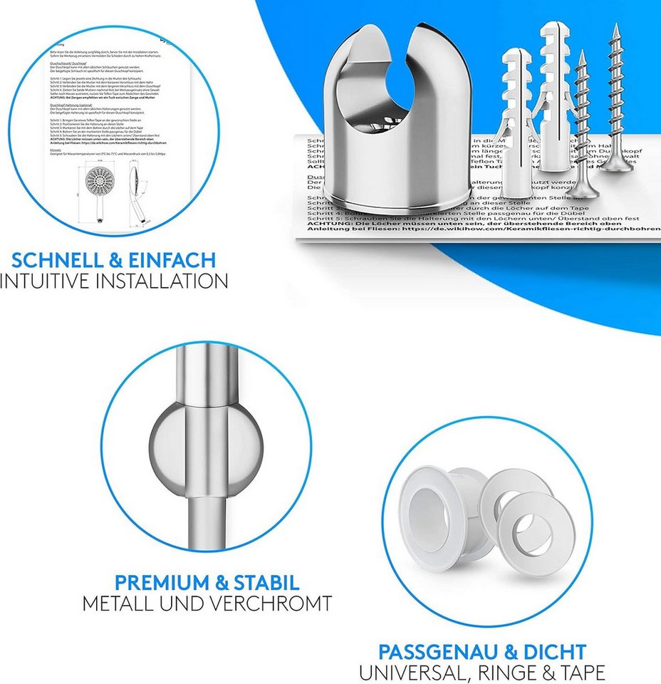 Lyvanas Duschbrause mit Schlauch und Halterung - Duschkopf für Dusche & Badewanne Ø15cm, Wellness Regendusche mit 5 Strahlarten