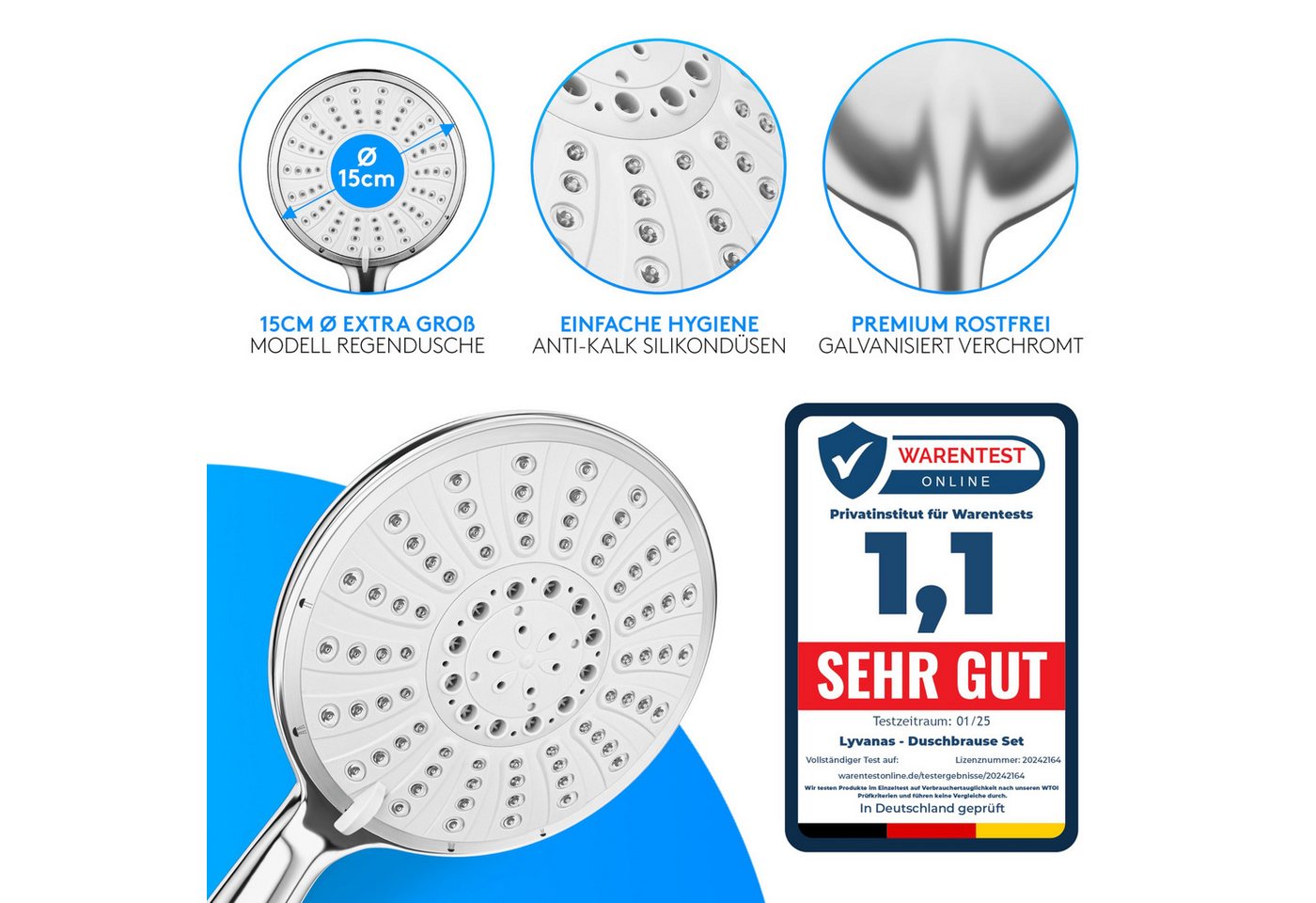 Lyvanas Duschbrause mit Schlauch und Halterung - Duschkopf für Dusche & Badewanne Ø15cm, Wellness Regendusche mit 5 Strahlarten Bild 3