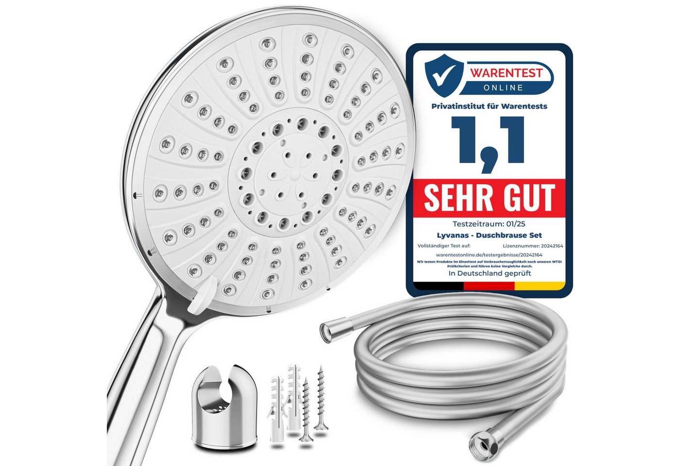 Lyvanas Duschbrause mit Schlauch und Halterung - Duschkopf für Dusche & Badewanne Ø15cm, Wellness Regendusche mit 5 Strahlarten Bild 5