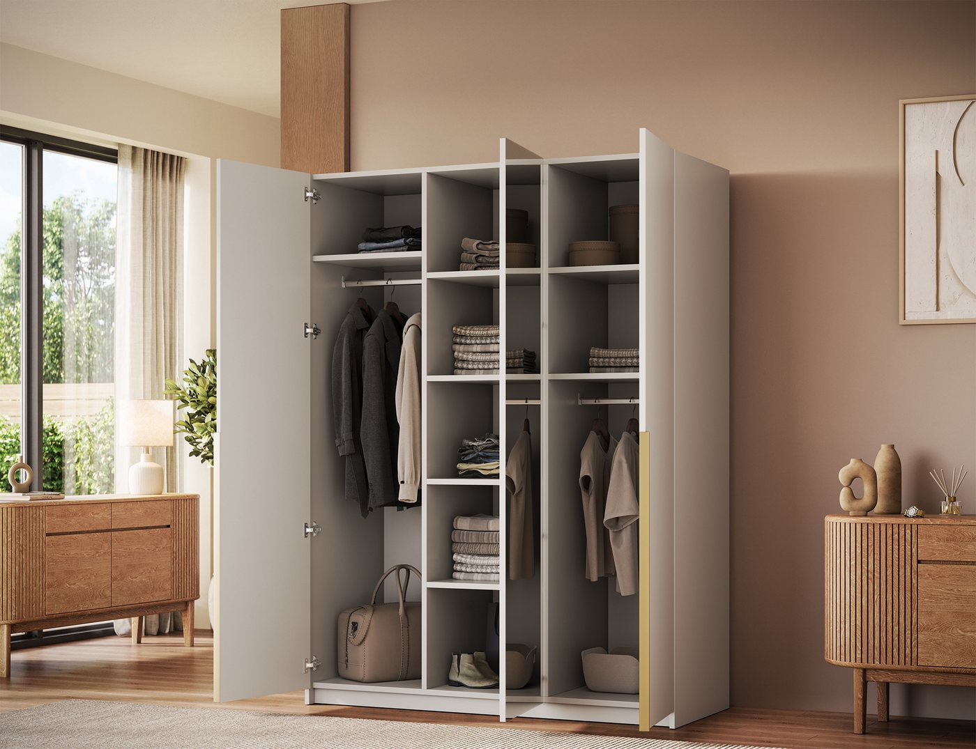 MOEBLO Drehtürenschrank Lunaro III (Kleiderschrank, 3-türig, mit Spiegel, 8 Einlegeböden und Kleiderstange, optional mit Aufsatzschrank) (BxHxT): 148 x 204/250 x 58 cm