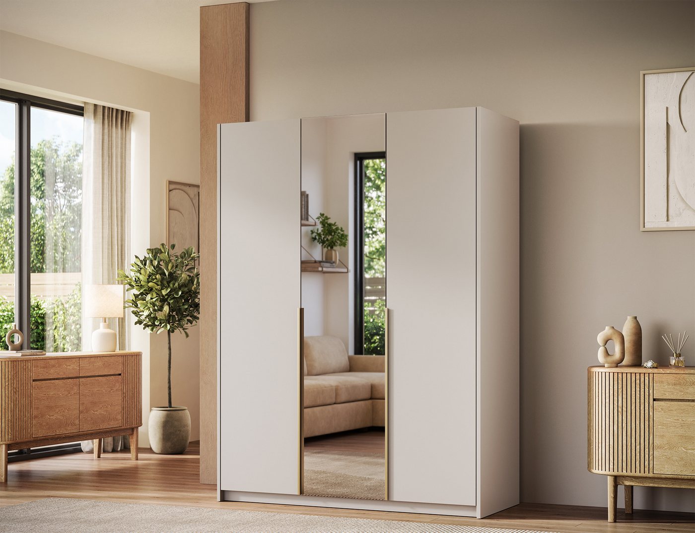 MOEBLO Drehtürenschrank Lunaro III (Kleiderschrank, 3-türig, mit Spiegel, 8 Einlegeböden und Kleiderstange, optional mit Aufsatzschrank) (BxHxT): 148 x 204/250 x 58 cm Bild 2
