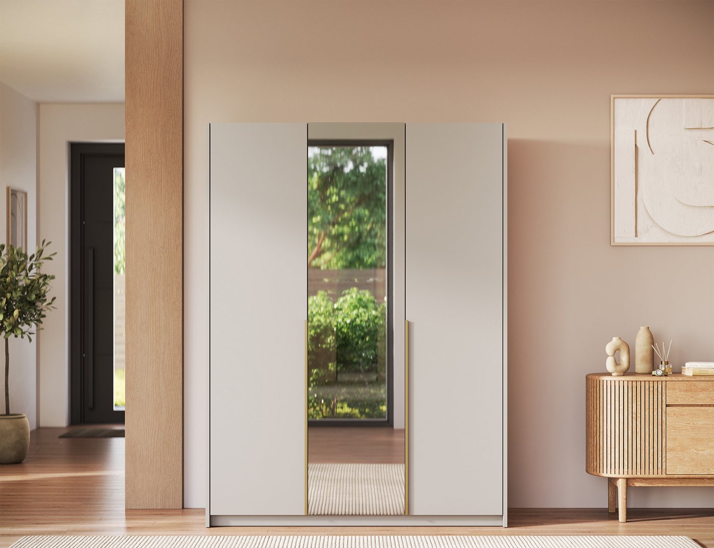 MOEBLO Drehtürenschrank Lunaro III (Kleiderschrank, 3-türig, mit Spiegel, 8 Einlegeböden und Kleiderstange, optional mit Aufsatzschrank) (BxHxT): 148 x 204/250 x 58 cm Bild 4