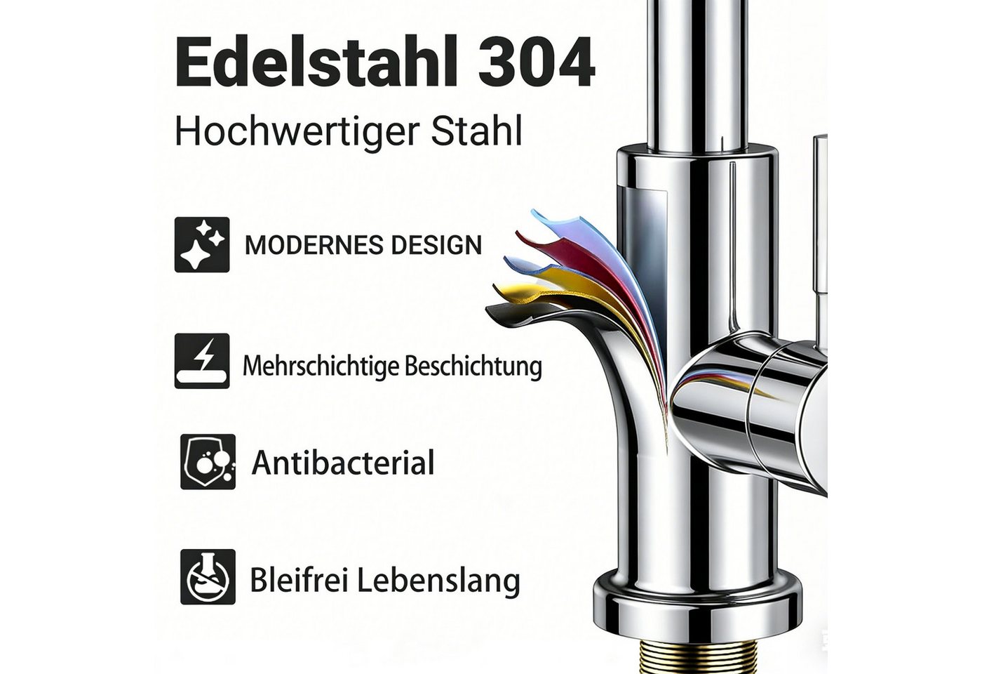 AICA Küchenarmatur Wasserhahn Küche aus Edelstahl, ausziehbar 360° drehbar, Hochdruck