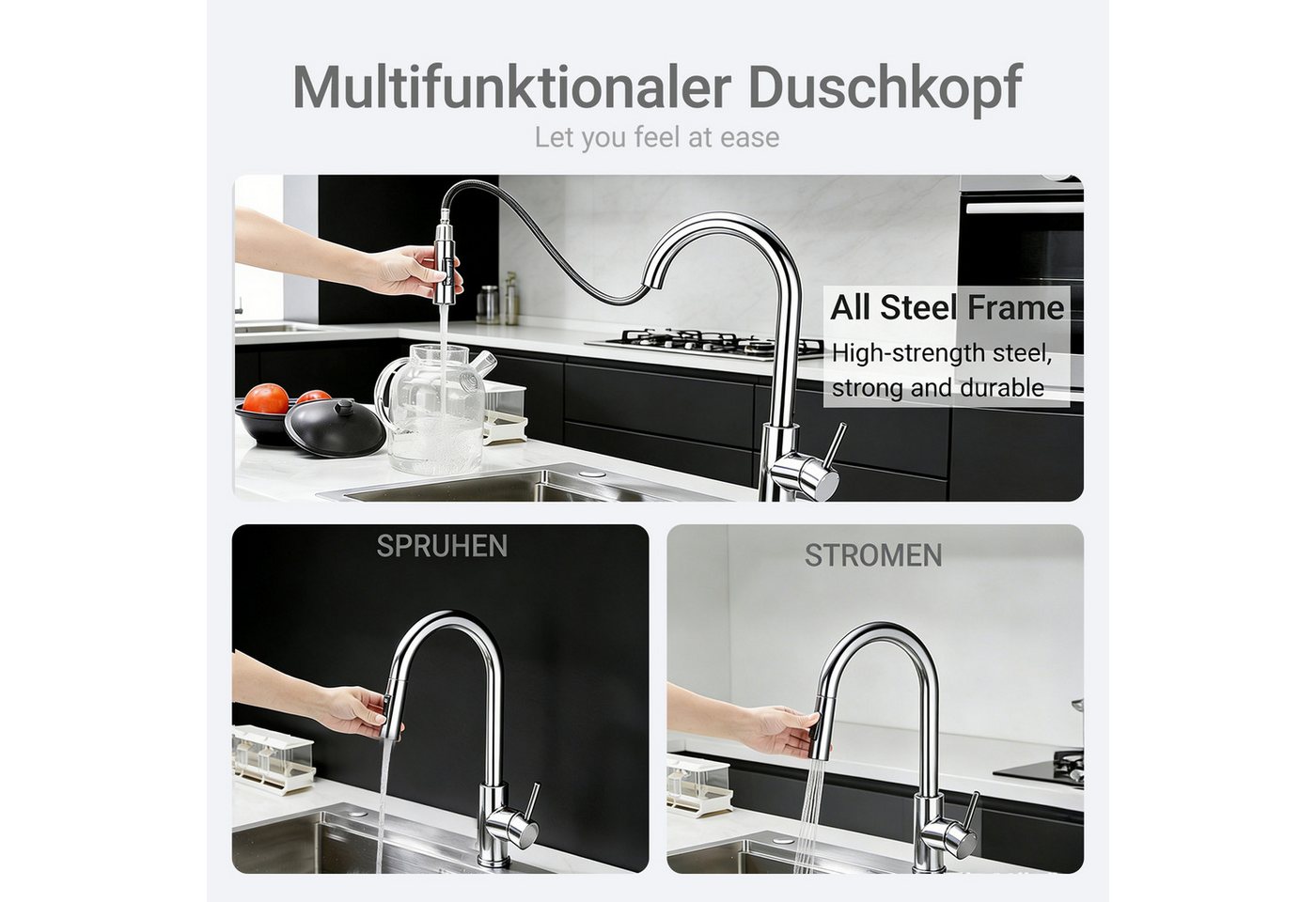 AICA Küchenarmatur Wasserhahn Küche aus Edelstahl, ausziehbar 360° drehbar, Hochdruck Bild 4