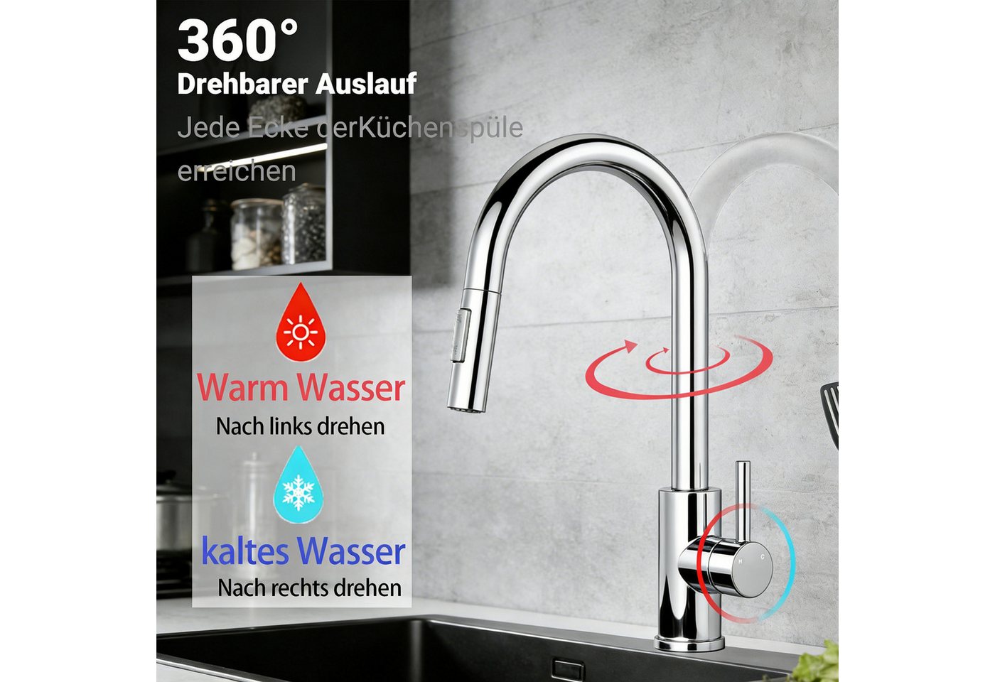 AICA Küchenarmatur Wasserhahn Küche aus Edelstahl, ausziehbar 360° drehbar, Hochdruck Bild 5