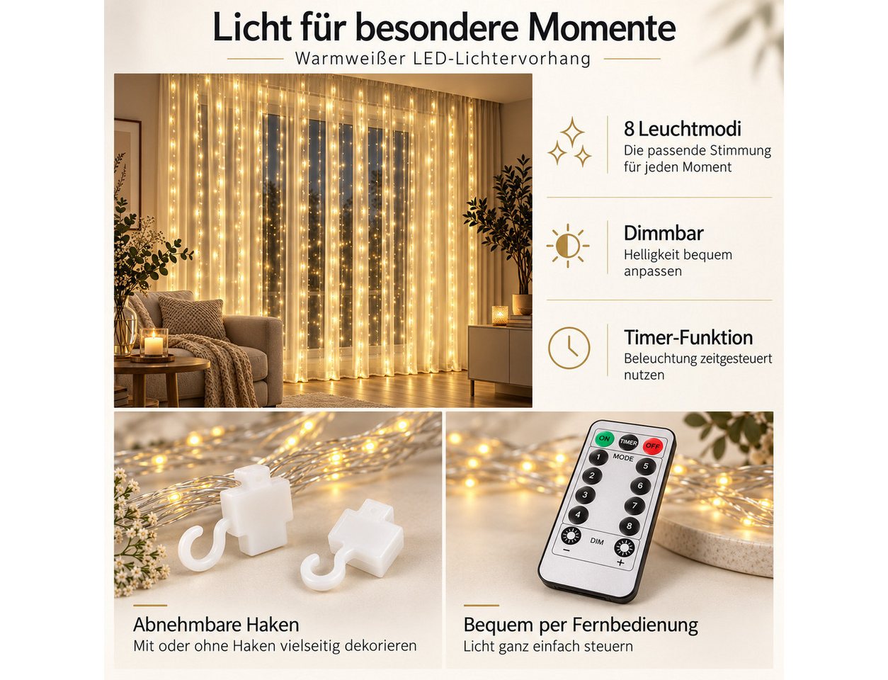 Norvéa Home LED-Lichterkette Solar Lichterkette, Solar Licht Garten – mit Fernbedienung, Warmweißes Licht, Fernbedienung, verschiedene Modi Bild 2