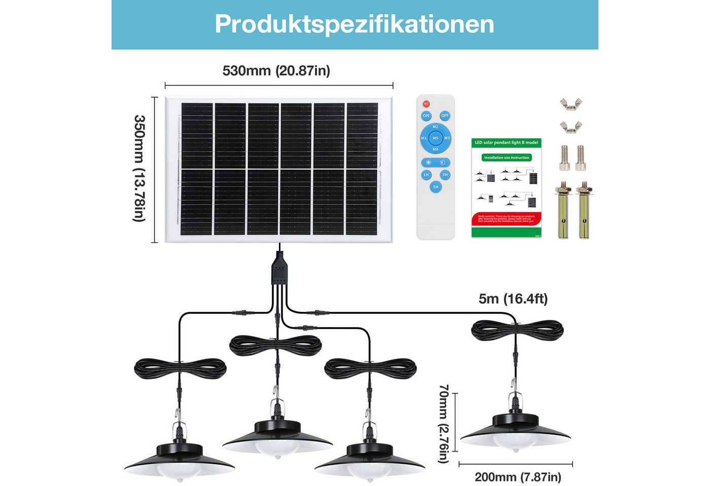 LMaxhome LED Solarleuchte Hängelampen Solar Deckenleuchte Outdoor, 5 Modi mit Fernbedienung IP65, Trennbar - 4 Lampen (Neu verbessert), LED fest integriert, Warmweiß/Kaltweiß Wahlbar, mit Bewegungsmelder und 5m Kabel, Solarlampe für Garten, Terrasse