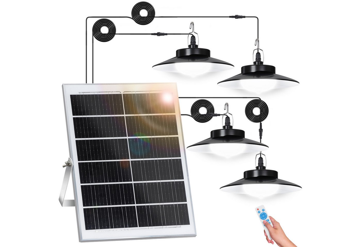 LMaxhome LED Solarleuchte Hängelampen Solar Deckenleuchte Outdoor, 5 Modi mit Fernbedienung IP65, Trennbar - 4 Lampen (Neu verbessert), LED fest integriert, Warmweiß/Kaltweiß Wahlbar, mit Bewegungsmelder und 5m Kabel, Solarlampe für Garten, Terrasse Bild 3