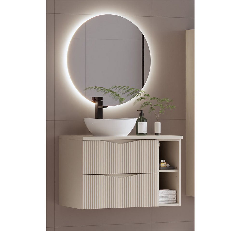 Lomadox Badmöbel-Set CALURI-140, (Spar-Set, 2-St., LED-Spiegel Waschtisch), in beige mit gerillter Front, grifflos, wandhängend Bild 2