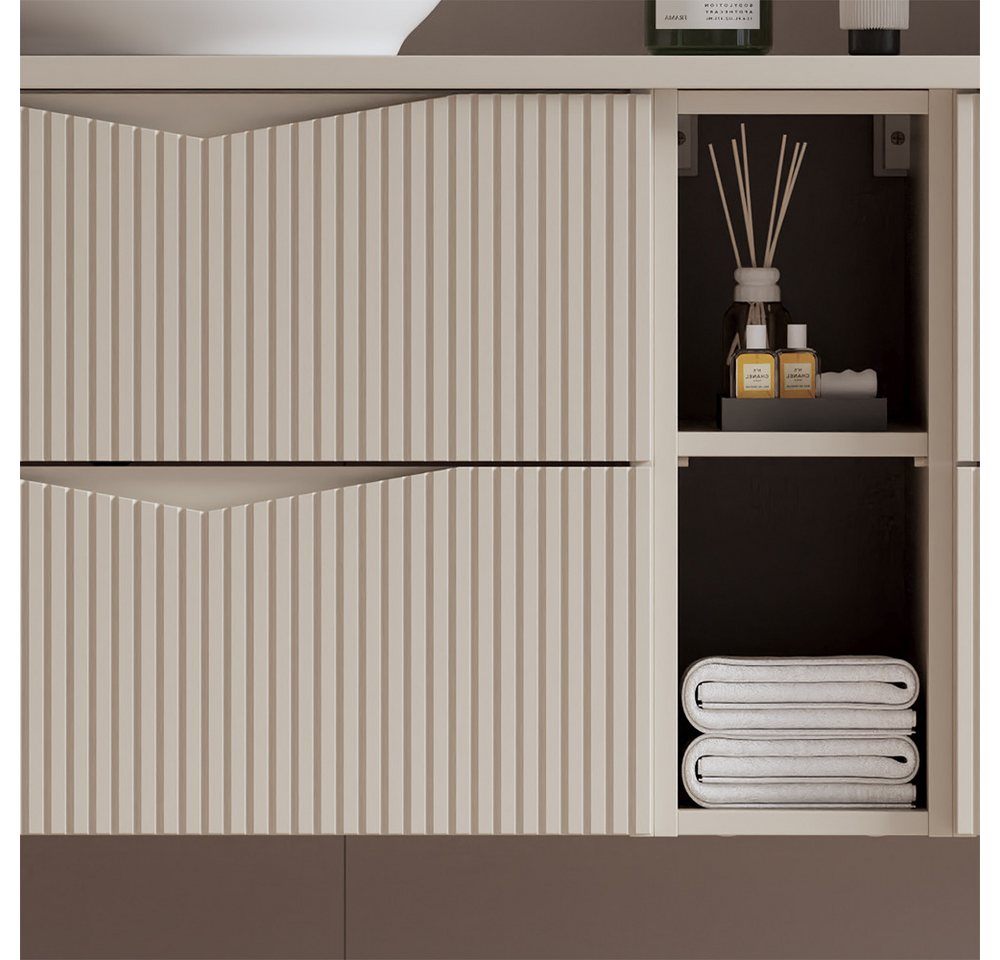Lomadox Badmöbel-Set CALURI-140, (Spar-Set, 2-St., LED-Spiegel Waschtisch), in beige mit gerillter Front, grifflos, wandhängend Bild 3