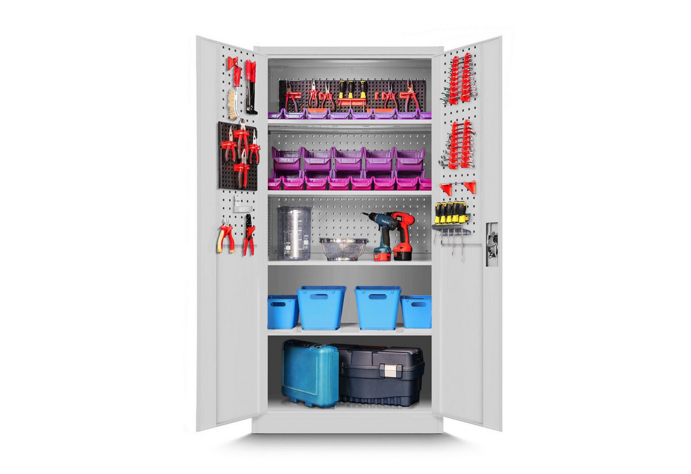Jan Nowak Werkzeugschrank Profi Schrank abschließbar 92 cm BRUNO 5 Böden Stahl 0,8 mm (Stahl 0,8 mm Rückwand perforiert Türen perforiert PZH-zertifiziert) Werkstattschrank Schloss 2 Schlüssel perforiert robust 5 Farben