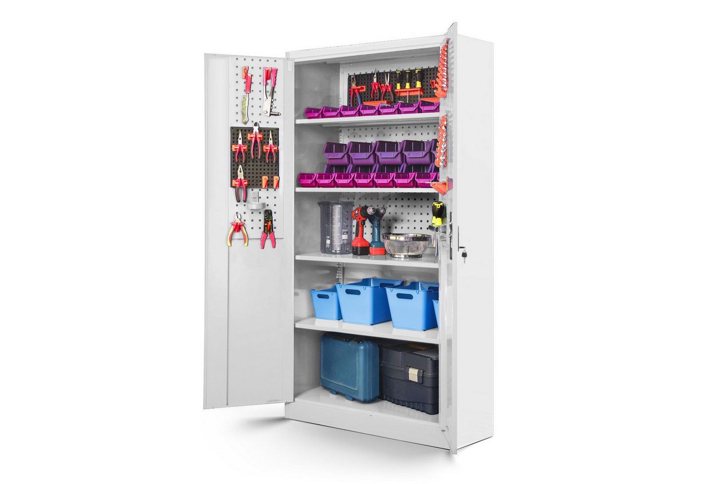Jan Nowak Werkzeugschrank Profi Schrank abschließbar 92 cm BRUNO 5 Böden Stahl 0,8 mm (Stahl 0,8 mm Rückwand perforiert Türen perforiert PZH-zertifiziert) Werkstattschrank Schloss 2 Schlüssel perforiert robust 5 Farben Bild 3