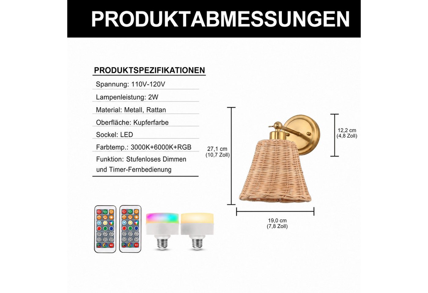 LOHAS-LED Wandleuchte 2er-Set Rattan-Wandlampe mit RGBCW-Fernbedienung, stufenloses Dimmen, Timer, IR-Fernbedienung, LED wechselbar, warmweiß + kaltweiß + RGB-Farben, E26 Akku-Leuchtmittel, kabellos & dimmbar Bild 5