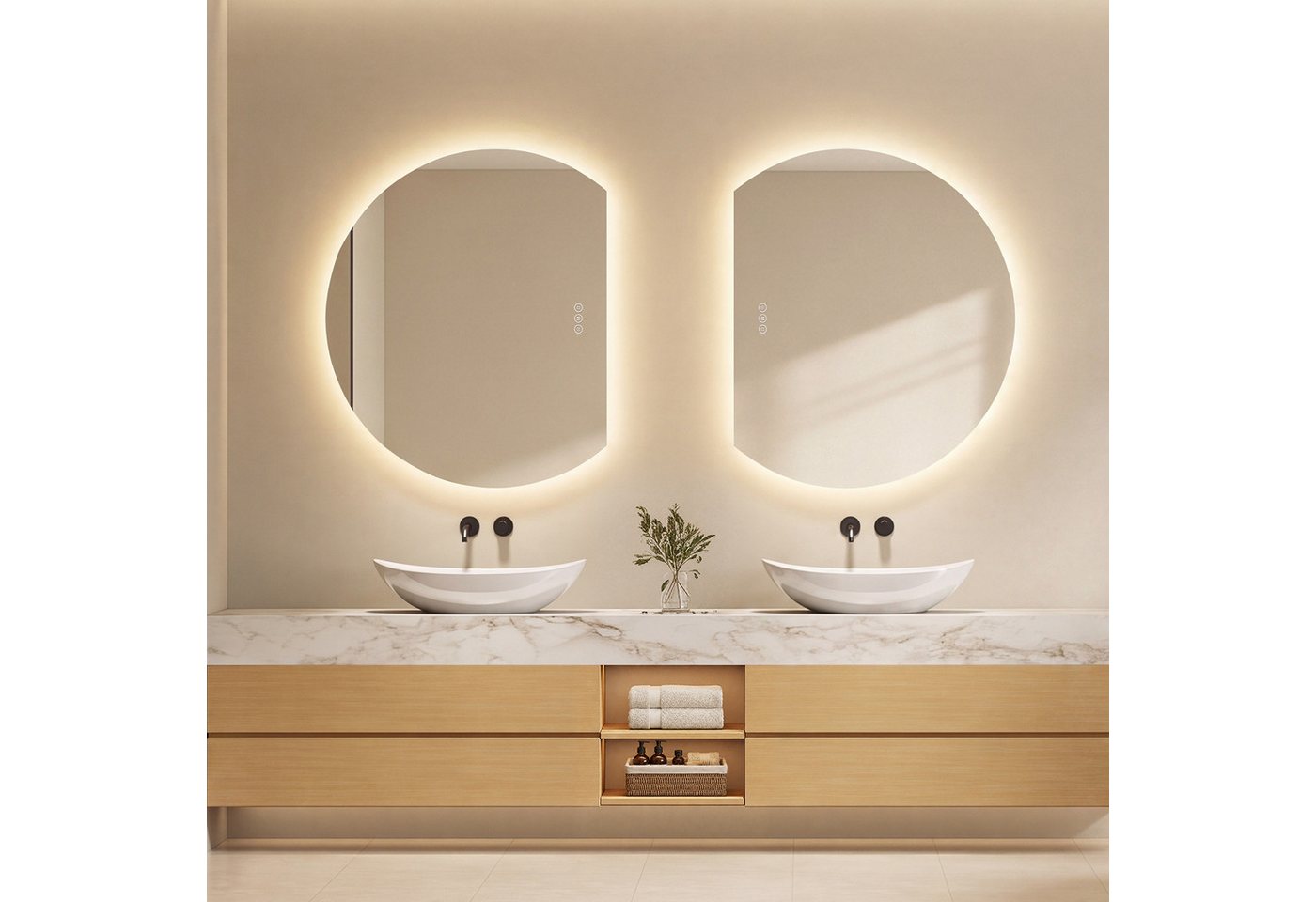 EMKE Badspiegel Asymmetrischer LED-Badspiegel mit Antibeschlag, 3 Lichtfarben, dimmbar, Rahmenloser Wandspiegel, Touch, Memory-Funktion, 70 × 62 cm