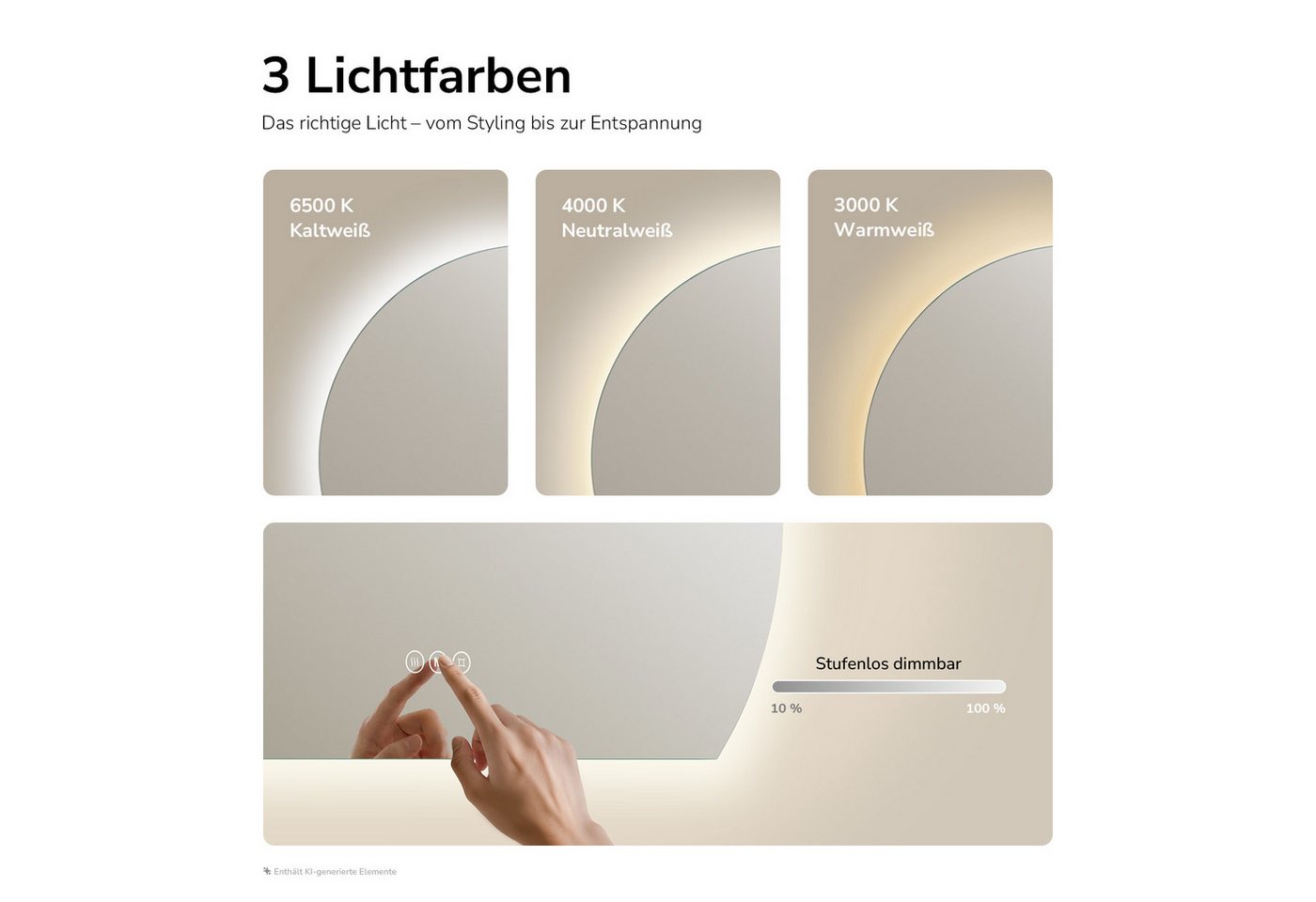 EMKE Badspiegel Asymmetrischer LED-Badspiegel mit Antibeschlag, 3 Lichtfarben, dimmbar, Rahmenloser Wandspiegel, Touch, Memory-Funktion, 70 × 62 cm Bild 2