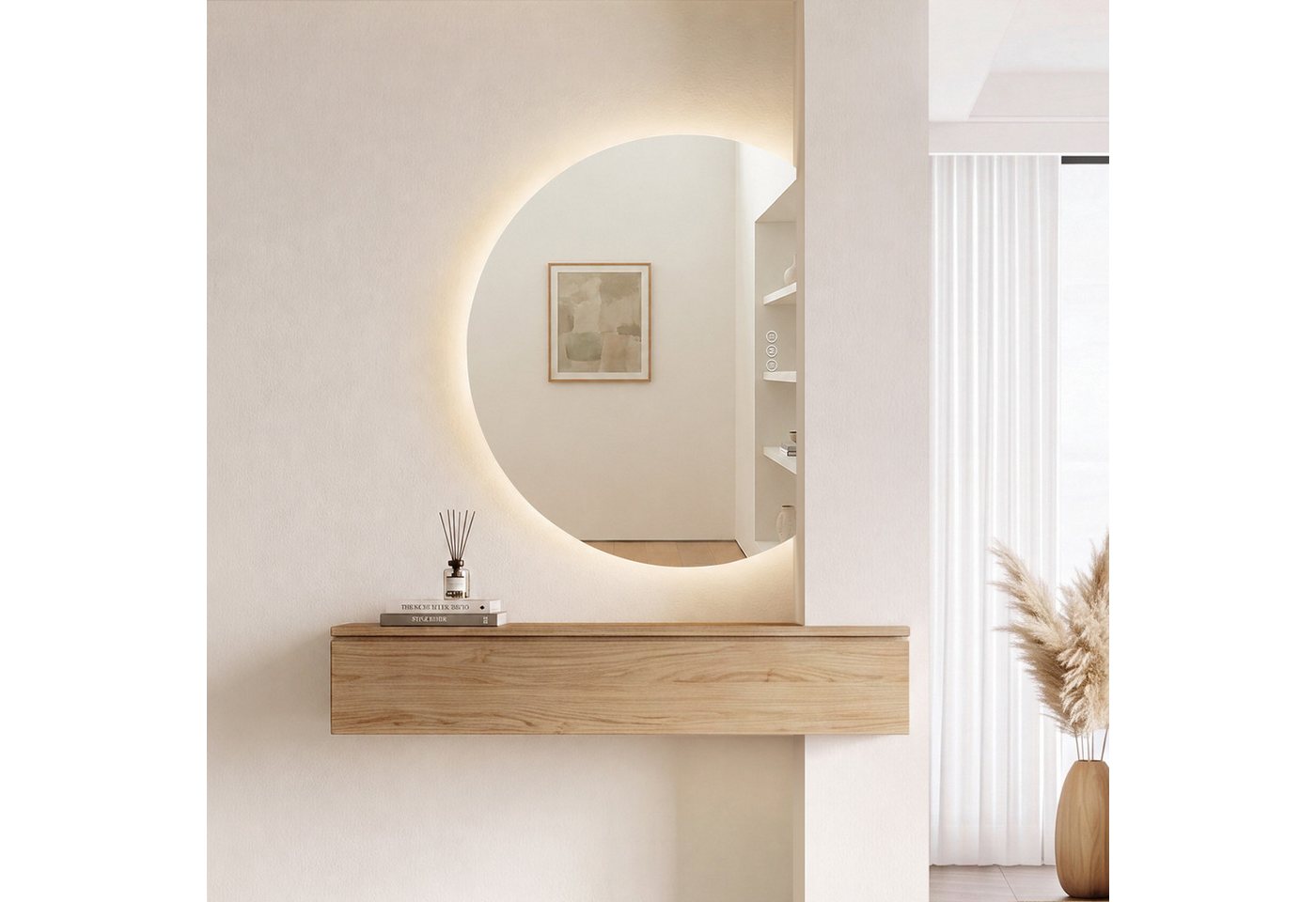 EMKE Badspiegel Asymmetrischer LED-Badspiegel mit Antibeschlag, 3 Lichtfarben, dimmbar, Rahmenloser Wandspiegel, Touch, Memory-Funktion, 70 × 62 cm Bild 4