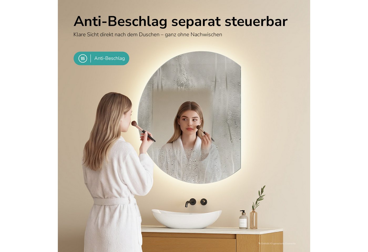 EMKE Badspiegel Asymmetrischer LED-Badspiegel mit Antibeschlag, 3 Lichtfarben, dimmbar, Rahmenloser Wandspiegel, Touch, Memory-Funktion, 70 × 62 cm Bild 5