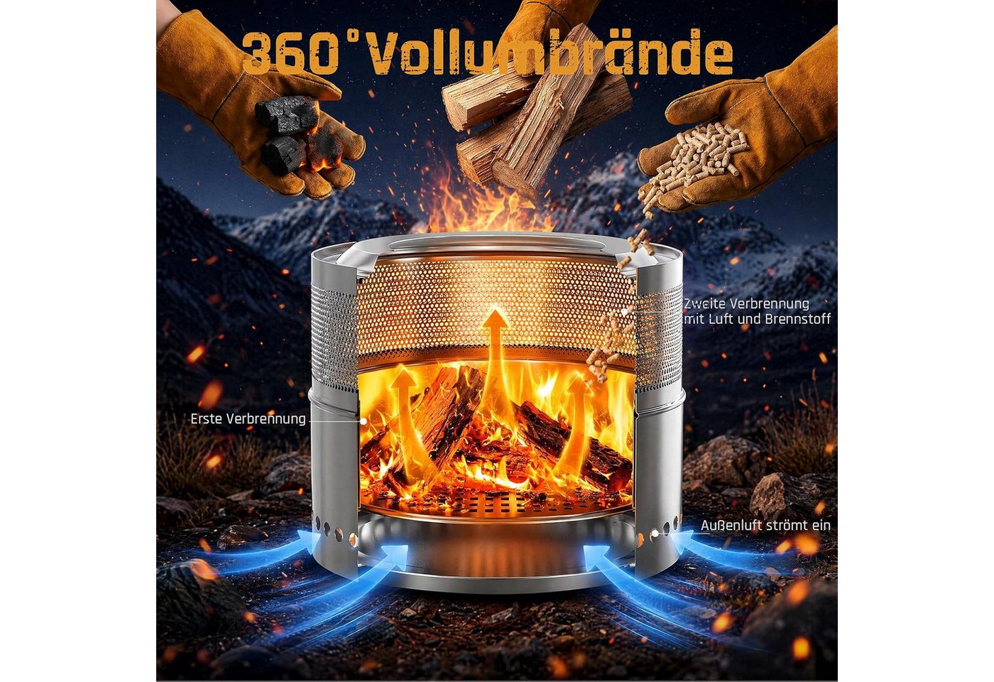 TLGREEN Feuerschale Raucharme Feuerschale 50 cm aus Edelstahl, (doppelwandiger Feuerkorb mit herausnehmbarer Ascheschale, 2‑in‑1 Outdoor‑Feuerstelle mit Grillrost), Schürhaken & Tragetasche für Garten, Terrasse und Camping
