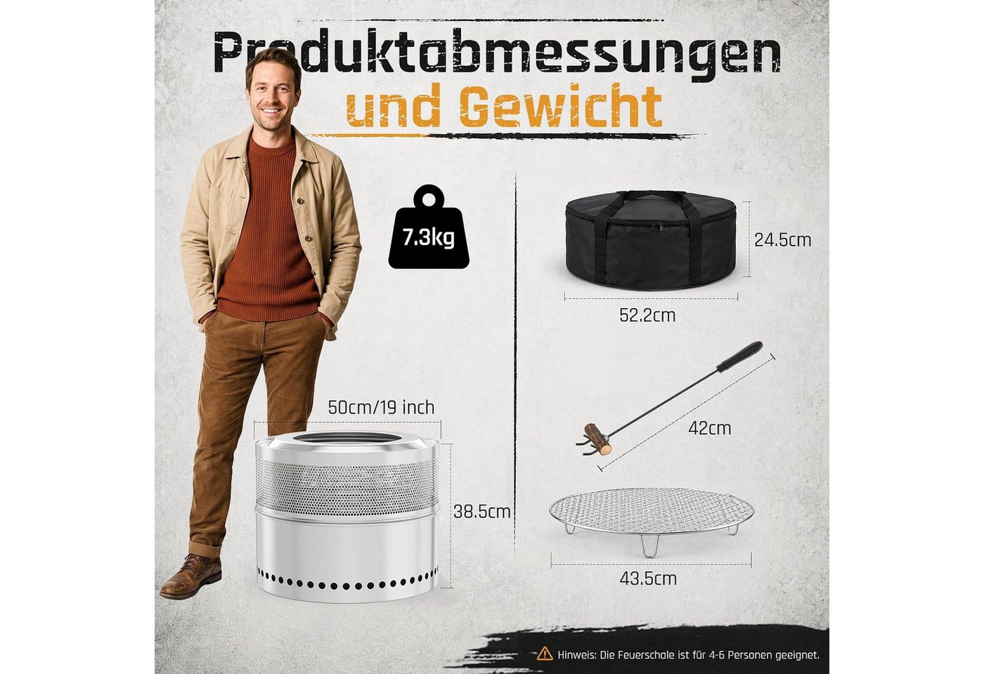 TLGREEN Feuerschale Raucharme Feuerschale 50 cm aus Edelstahl, (doppelwandiger Feuerkorb mit herausnehmbarer Ascheschale, 2‑in‑1 Outdoor‑Feuerstelle mit Grillrost), Schürhaken & Tragetasche für Garten, Terrasse und Camping Bild 2