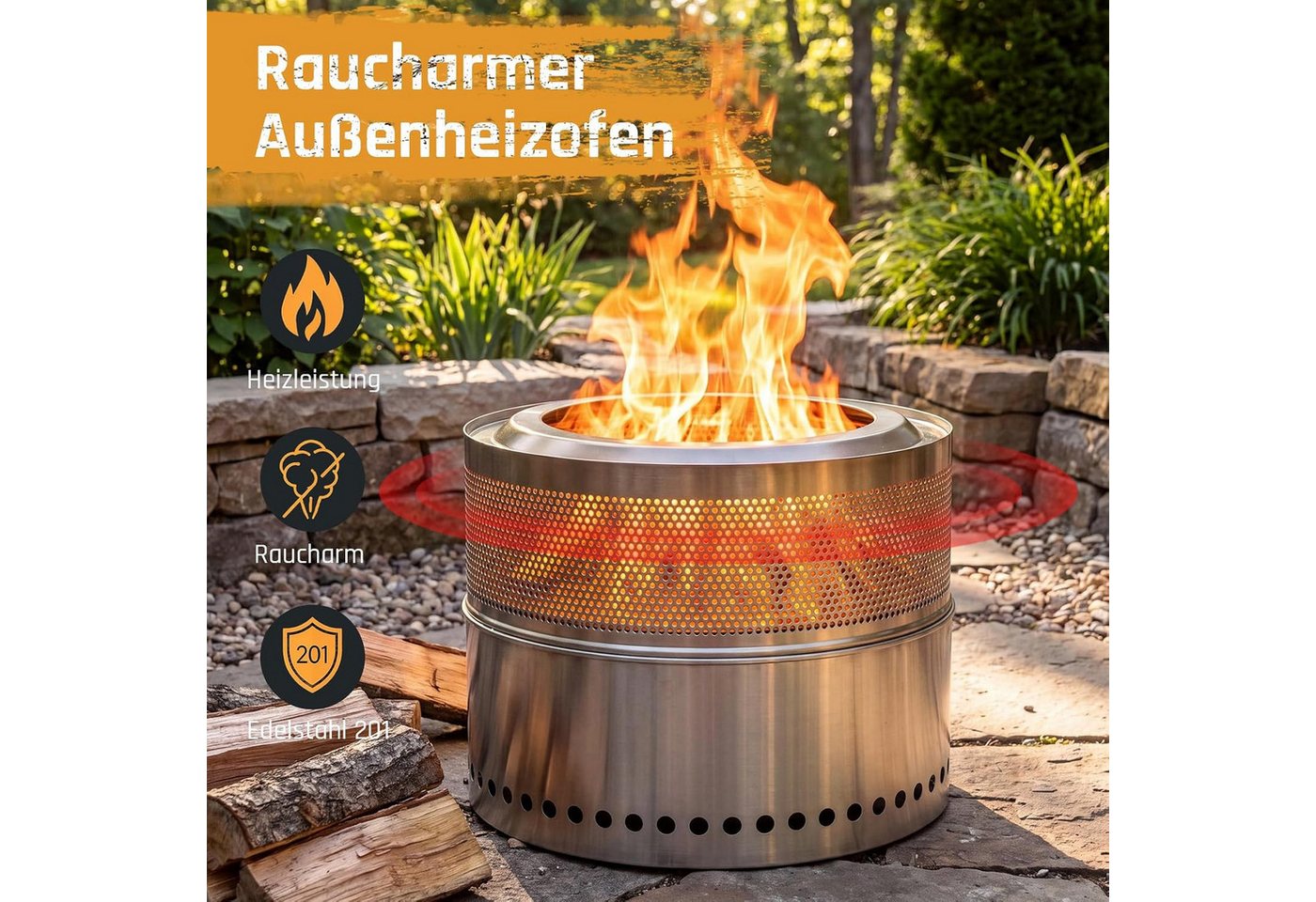 TLGREEN Feuerschale Raucharme Feuerschale 50 cm aus Edelstahl, (doppelwandiger Feuerkorb mit herausnehmbarer Ascheschale, 2‑in‑1 Outdoor‑Feuerstelle mit Grillrost), Schürhaken & Tragetasche für Garten, Terrasse und Camping Bild 5