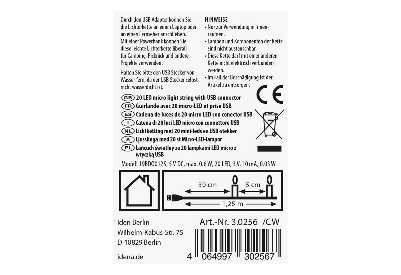 Idena LED-Lichterkette Idena 30256 - LED Micro Lichterkette mit 20 LEDs in Warmweiß, mit USB