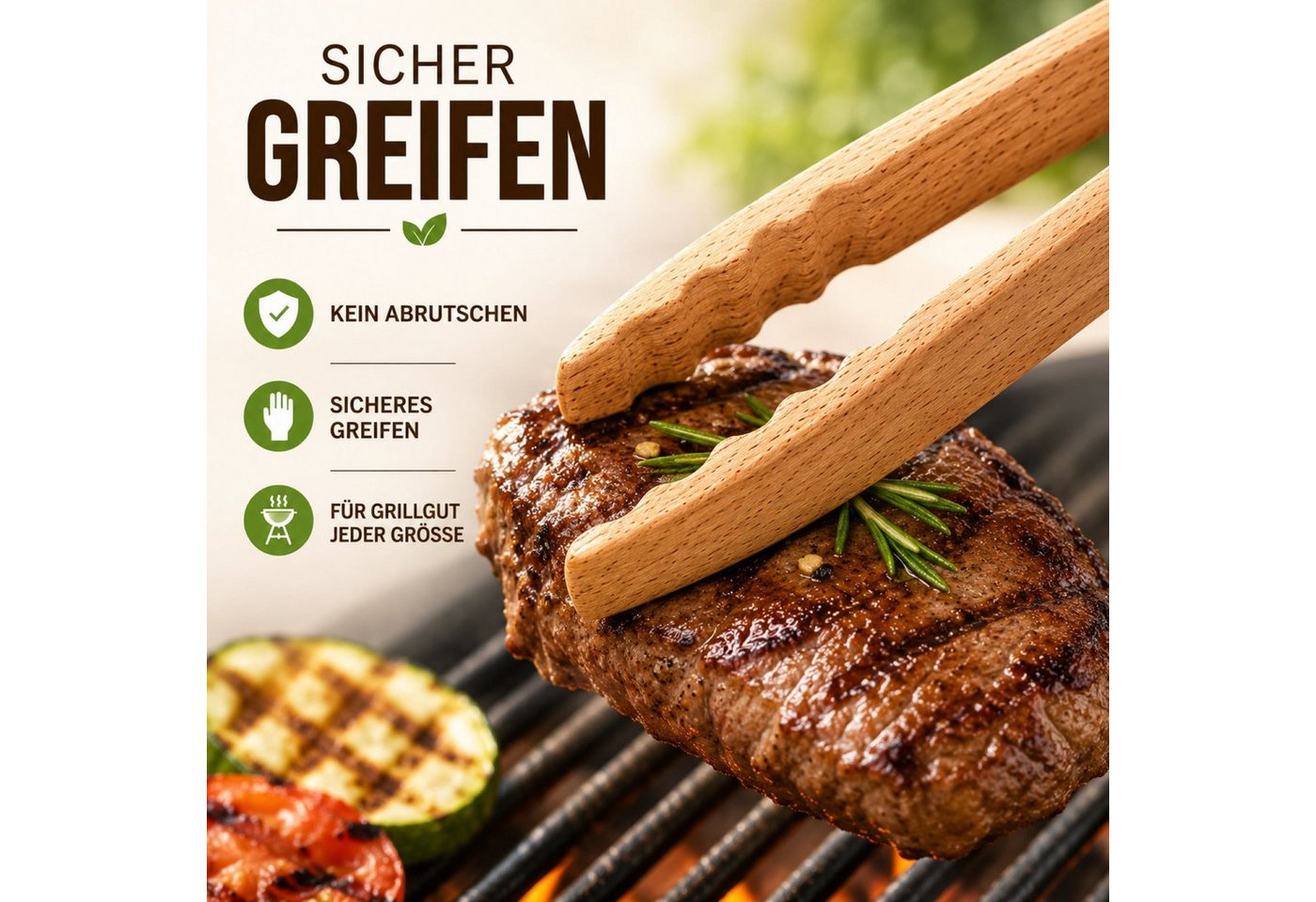 BURI Grillzange Holz Grillzange Buchenholz 36cm Küchenzange Bratwurstzange
