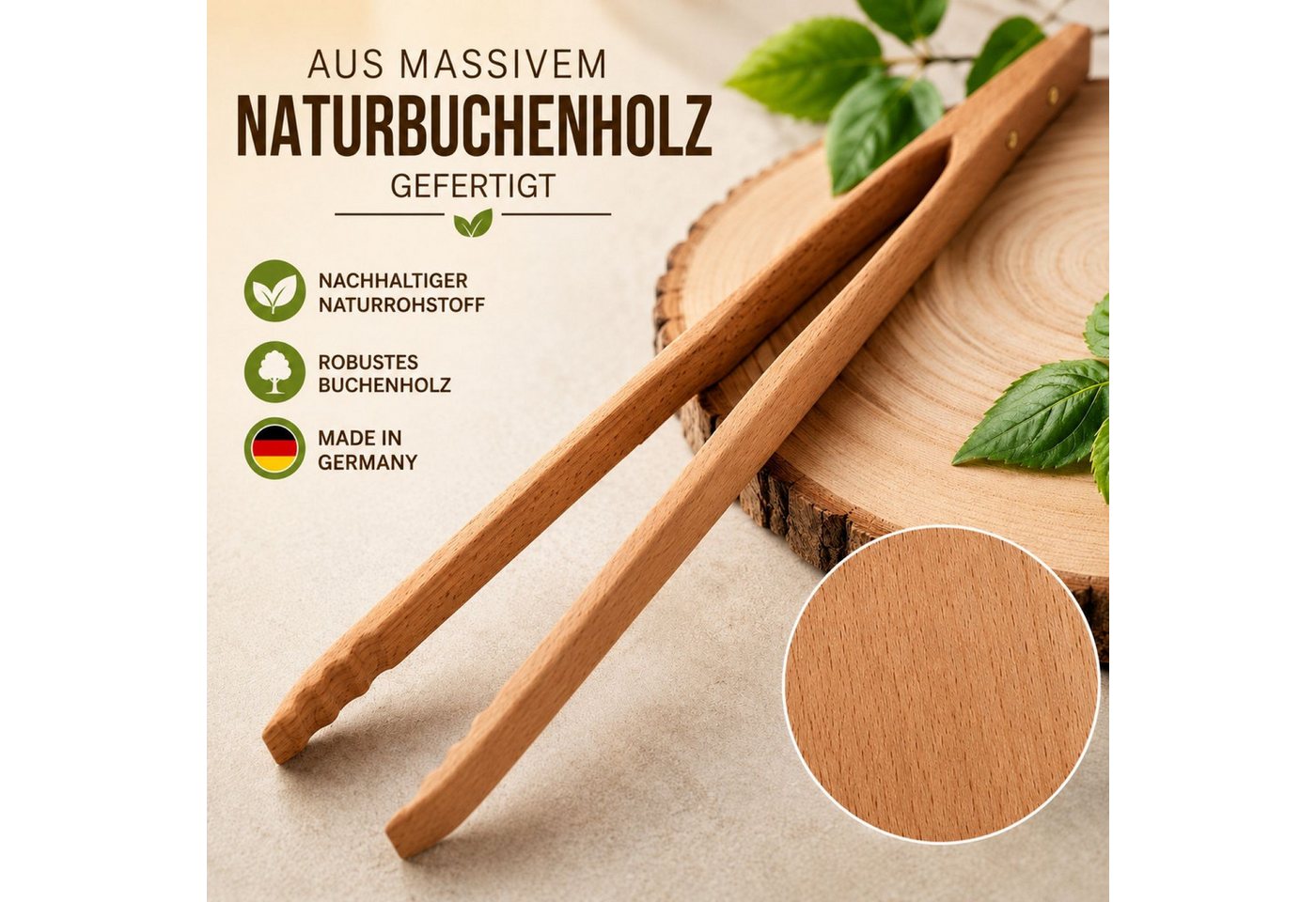 BURI Grillzange Holz Grillzange Buchenholz 36cm Küchenzange Bratwurstzange Bild 4