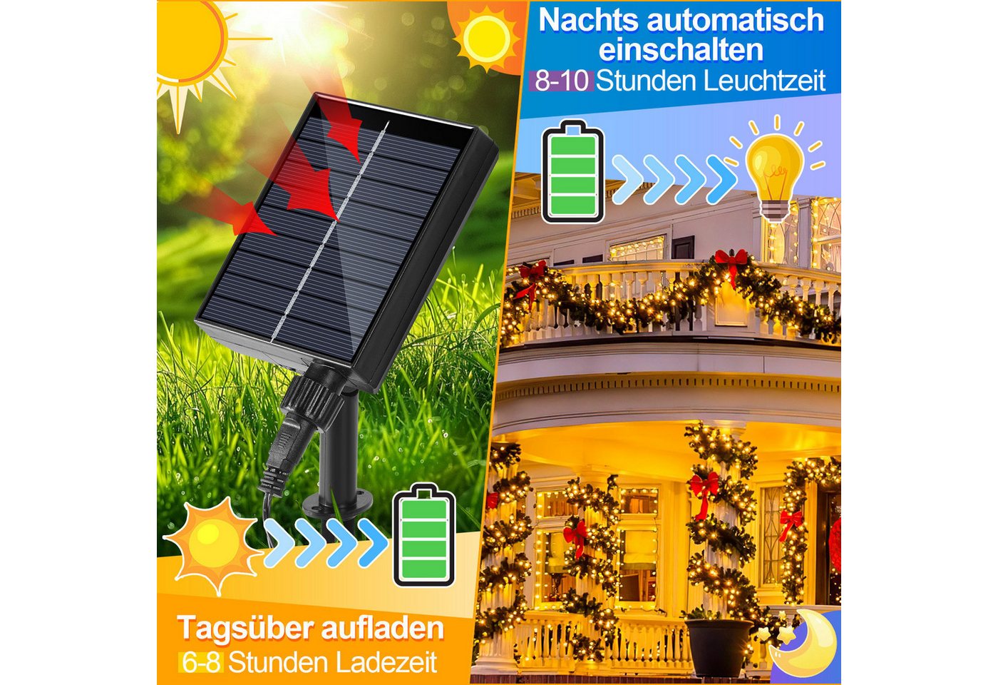 Clanmacy LED-Lichterkette 50M 500 LED Solar Lichterkette Solarleuchte Außen Garten Warmweiß, Wasserdicht Bild 4
