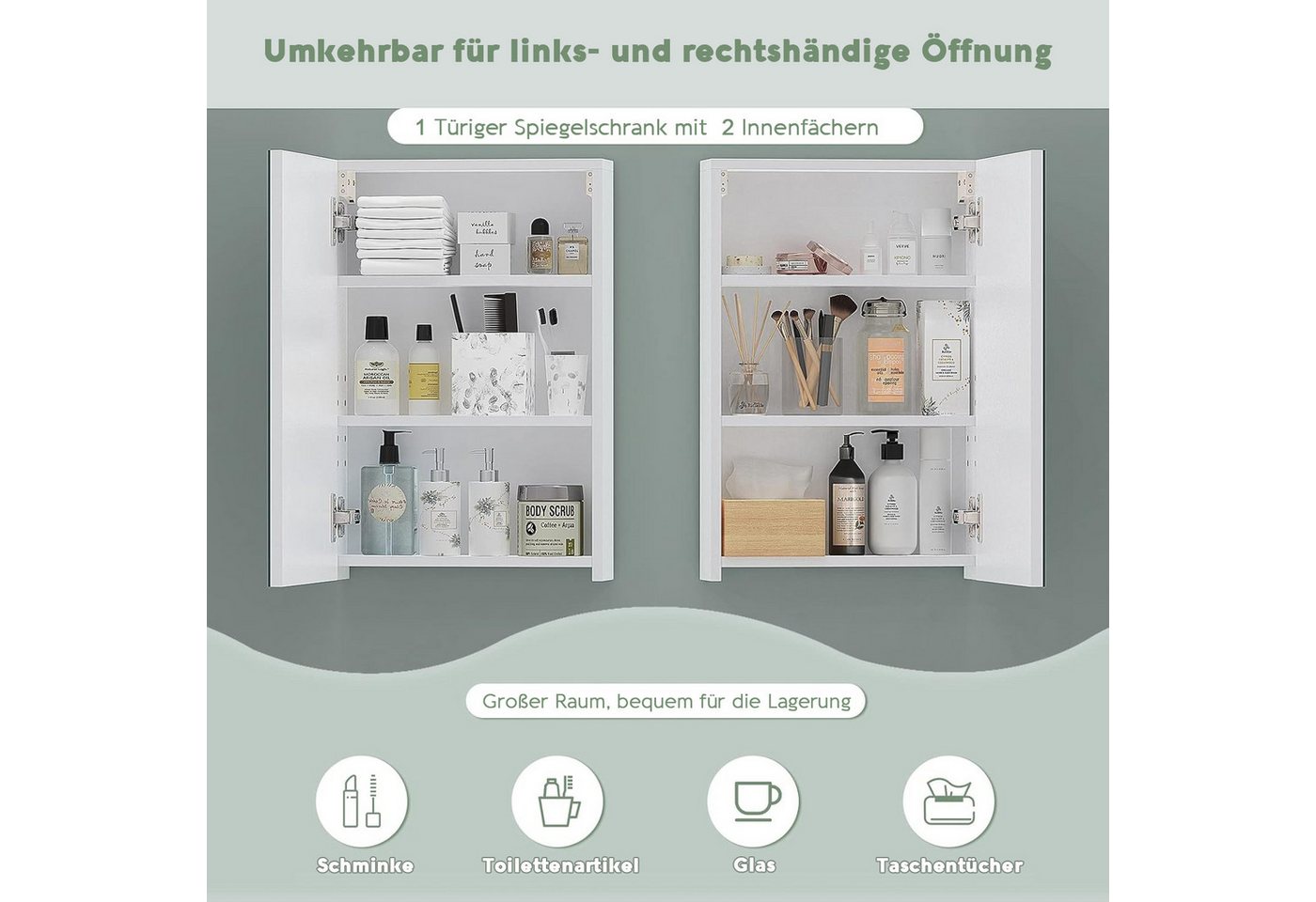 ToteBox Badezimmerspiegelschrank mit verstellbarem Einlegeboden, Weiß 40 x 60 x 12 cm Bild 2