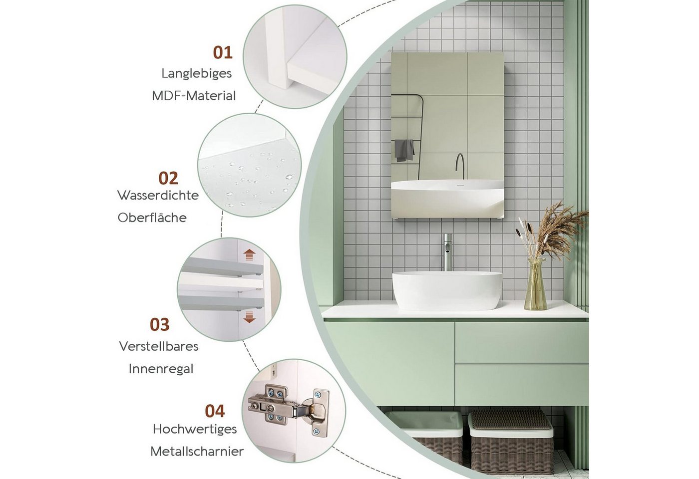 ToteBox Badezimmerspiegelschrank mit verstellbarem Einlegeboden, Weiß 40 x 60 x 12 cm Bild 4